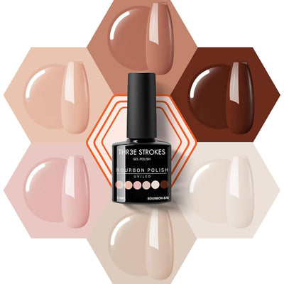 GV11 THR3E STROKES Gel Nail Polish Set- 6 Colors Nude Gel Polish All Seasons Skin Tones Pink Neutral Brown Gel Polish Kit (Uv/Led Lamp Required) Shades Need At Least 3 Layers, Shine Finish, 7.5 Milliliters (BOURBON 678, 15ml)