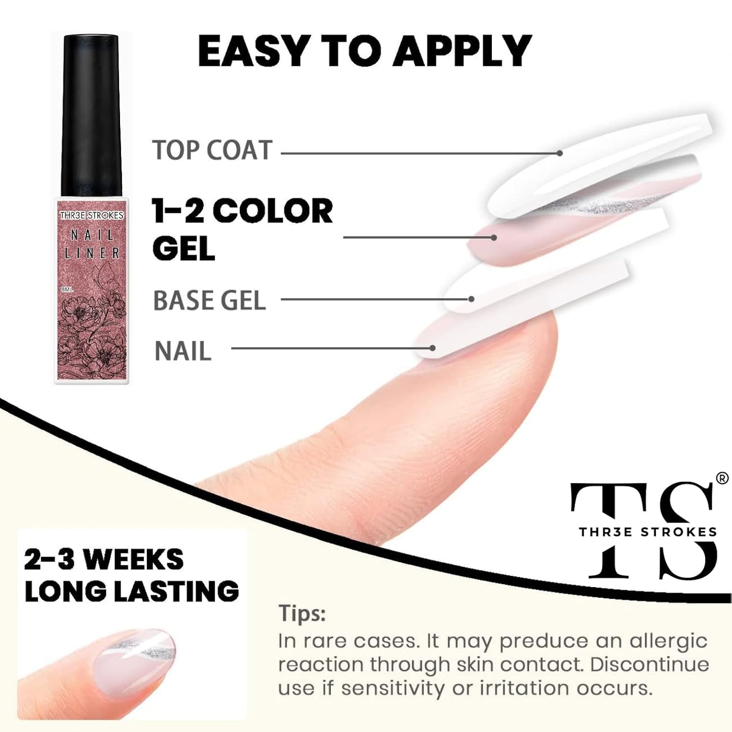 GV15 THR3E STROKES Gel Nail Polish Liner Set 8ML, Color Nail Art Winter French Polish White Black for French Tip Swirl Draw Nail Soak Off UV Curing Built Thin Brush Manicure Set For Salon DIY (ROSE PINK)