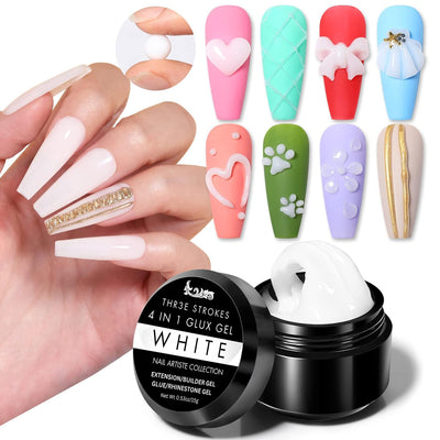 GV44 THR3E STROKES Solid Builder Nail Gel,15ML 4 in 1 Nail Extension Gel UV Nail Glue for Acrylic Nails Rhinestones Gel 3D Nail Sculpture Gel 3D Molding Hard Gel for Nails UV/LED Nail Lamp Required (WHITE) (UV/LED LAMP REQUIRED)
