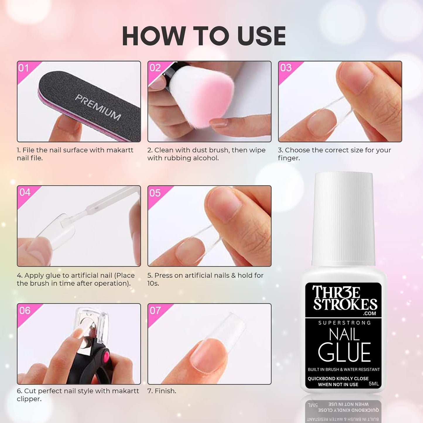 GV52 THR3E STROKES Super Strong Nail Glue For Nail Tips, Acrylic Nails and Press On Nails 5ML Nail Bond Brush On Nail Glue Long Lasting Nail Glue For Acrylic Nails Fake Nails Tips Nail Glue Gel