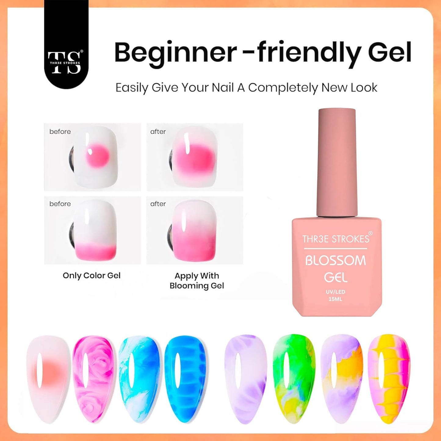 GV3 THR3E STROKES Nail Blooming Gel 15ml Clear Uv Led Blossom Gel Polish for Spreading Effect Marble Natural Stone Watercolor Floral Print Soak off Nail Gel Diy Nail Art Design Gift for Women