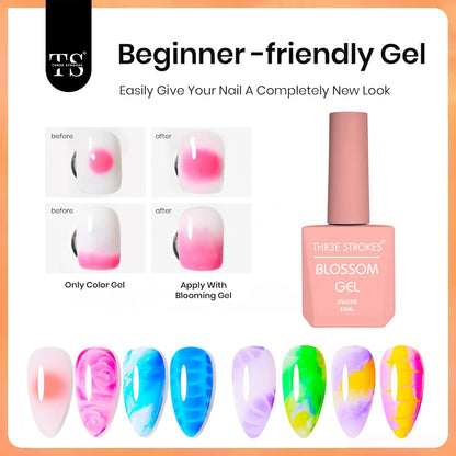 GV3 THR3E STROKES Nail Blooming Gel 15ml Clear Uv Led Blossom Gel Polish for Spreading Effect Marble Natural Stone Watercolor Floral Print Soak off Nail Gel Diy Nail Art Design Gift for Women