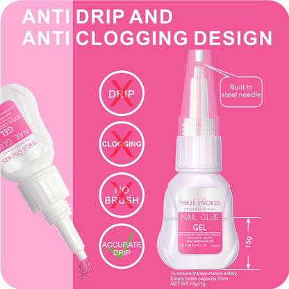 GV94 THR3E STROKES Super Strong Nail Glue Gel and Quickly Nail Glue Remover Kit Press on Nail,Long-lasting 30+ Days Without UV Light,Dropper-type Easily Remove Nail, Salon Professional Bundle (COMBO)