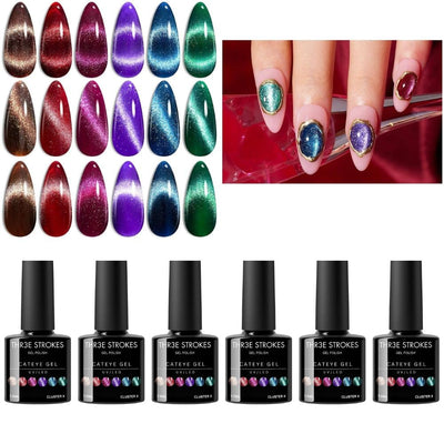 GV38 THR3E STROKES Cat Eye Gel Nail Polish Set 6 Colors, Glitter Red Shiny Brown Burgundy Purple Blue Green Magnetic Effect Sparkle Stunning Nail Gel Polish Gifts for Women, 2024 Limited Colors CLUSTER X