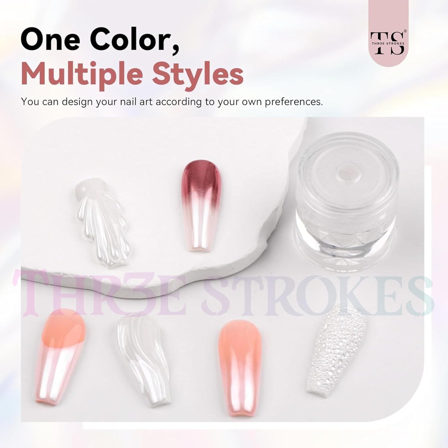 GV51 THR3E STROKES White Pearl Chrome Nail Powder - 1g Mirror Effect Chrome Powder for Gel Nails, Metallic Mermaid Chrome Nail Powder for Gel Polish, Pearl Nail Powder Glitter Dust Kit for Nail Art Decorations (WHITE PEARL)