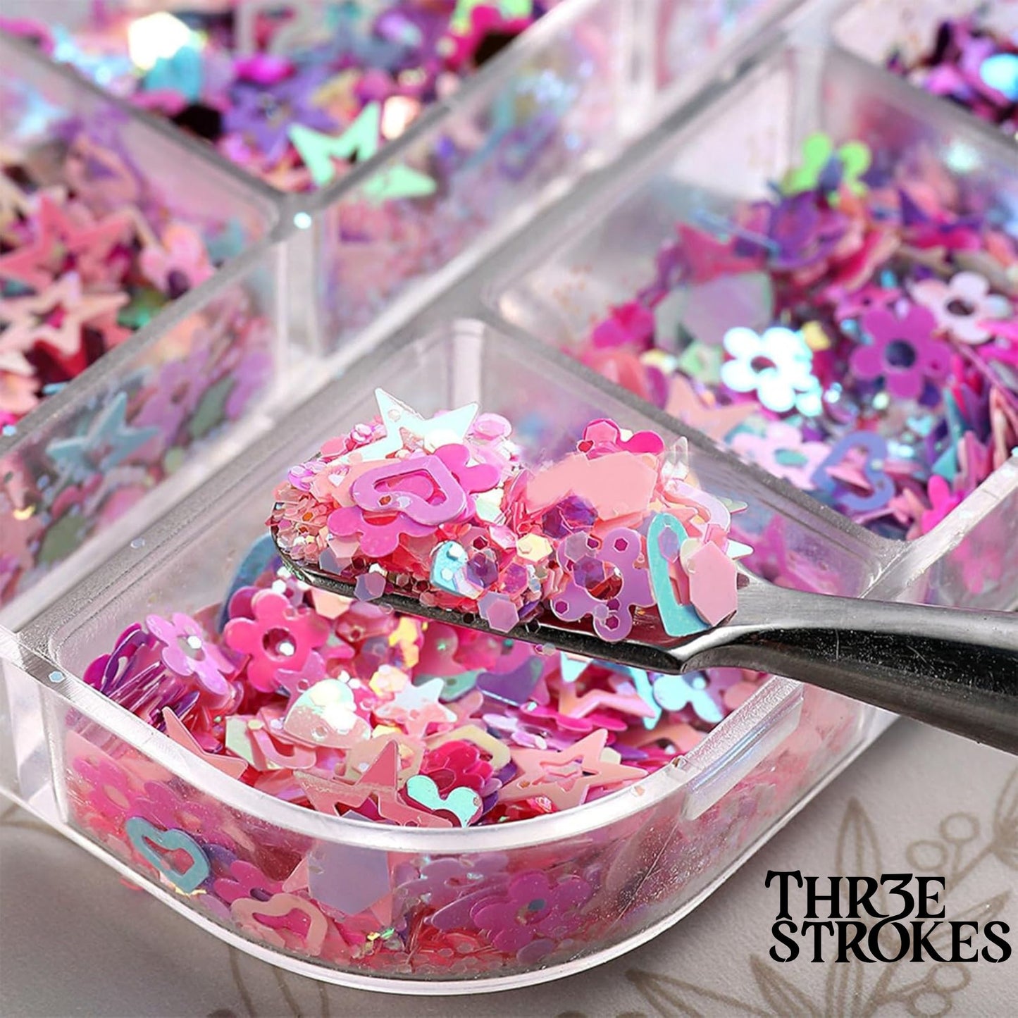GV170 THR3E STROKES 12 Grid Heart Nail Art Glitters Mixed Hollow Star Flower Nails - Holographic Acrylic Powder Dust Sequins Decoration Supplies for Women D38