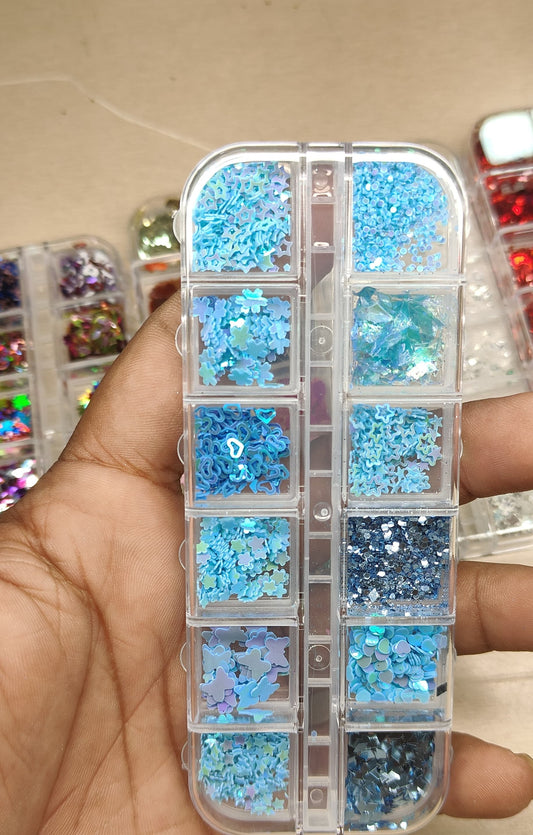 GV803 12-Color Blue Holographic Nail Art Glitter Set – Stars, Hearts, Flowers & Mixed Sequins for Gel & Acrylic Nails