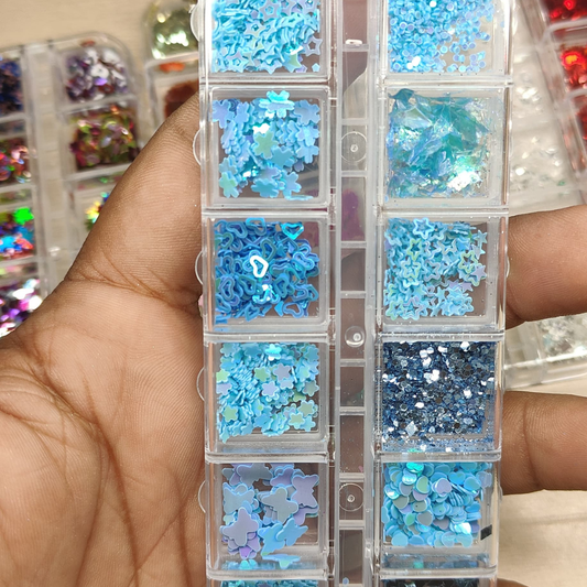 GV803 12-Color Blue Holographic Nail Art Glitter Set – Stars, Hearts, Flowers & Mixed Sequins for Gel & Acrylic Nails