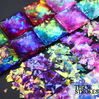 GV173 THR3E STROKES 12 Grids Holographic Mermaid Colorful Nail Art Glitter, Irregular Rainbow Candy Colour Nail Art Flakes Sequins, Gradient Bright Ice Slag Nail Sequins, Summer Metallic Foil Nail Supplies, DIY Nail Decoration (D35)