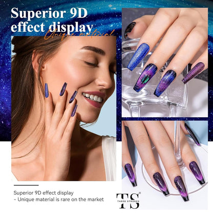 GV41 THR3E STROKES 9D Cat Eye Gel Nail Polish Set, Magnetic Gel Polish 7.5 ml 6 Colors with , Chameleon Galaxy Shiny Magic Effect Cateye Nail Gel Soak off Nail Art Gift for Women COMET 69