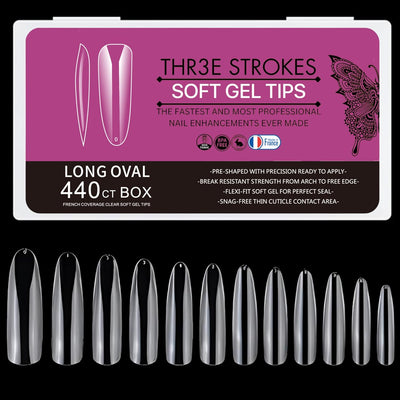 GV28 THR3E STROKES Soft Gel Nail Tips, Full Cover Clear Soft Nail Tips for Artificial False Nails Extension Nail Salons DIY Nail Art with Box, 440PCS (LONG OVAL N8)