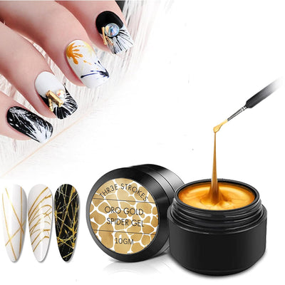 GV107 THR3E STROKES Gold Spider Gel Polish Kit Nail Spider Gel Paint For Nail Art Polish Thin Brush Spider Nail Gel Art Paint For Nails Uv Led Nail Polish Drawing Painting Black White Gel Nail Polish Kit (UV REQUIRE) (GOLD)