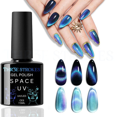 GV137 THR3E STROKES 9D Glitter Cat Eye Gel Magnetic Nail Polish Gel Art Manicure DIY at Home Soak Off UV Gel 7.5ML (CE3, 7.5ML)