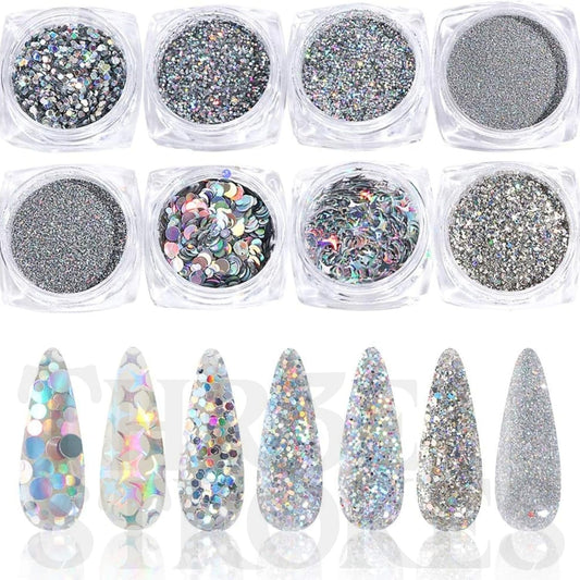 GV166  THR3E STROKES Holographic Nail Art Sequins Glitter Kits, 8 Boxes Holographic Nails Powder Nail Art Sequins Metallic Shining Flakes Silver Nail Glitter Set for Nails Art Decoration Holographic Manicure (D42)