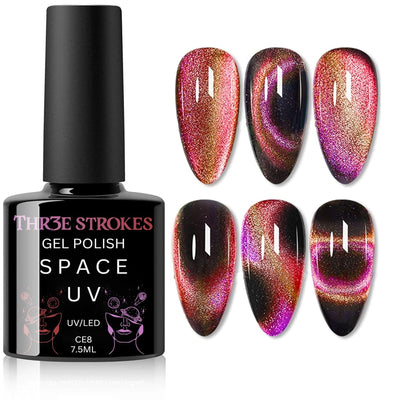GV142 THR3E STROKES 9D Glitter Cat Eye Gel Magnetic Nail Polish Gel Art Manicure DIY at Home Soak Off UV Gel 7.5ML (CE8, 7.5ML)