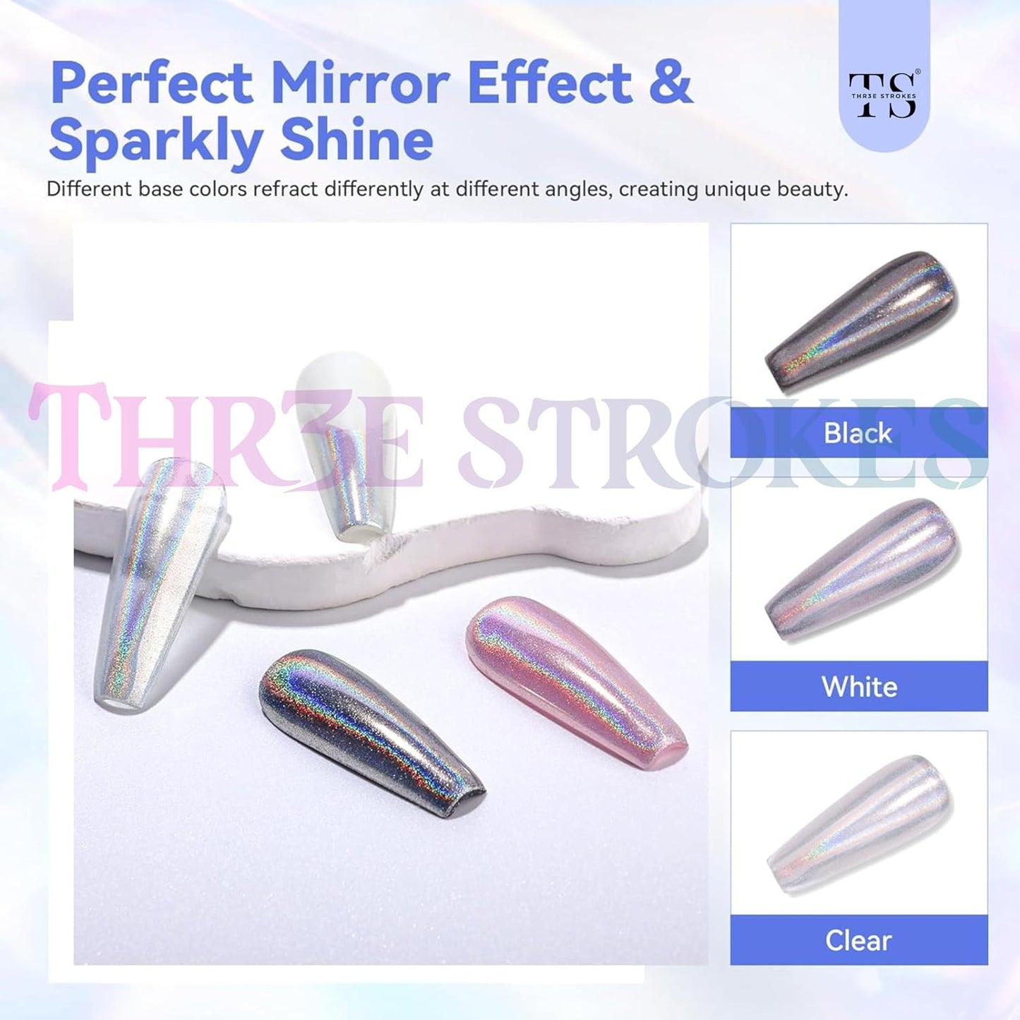 GV50 THR3E STROKES Holographic Chrome Nail Powder - 1g Mirror Laser Effect Holographic Chrome Powder for Gel Nails, Rainbow Holo Nail Glitter Dust Holographic Pigment Powder for Manicure Nail Art Decorations (Holographic Silver)