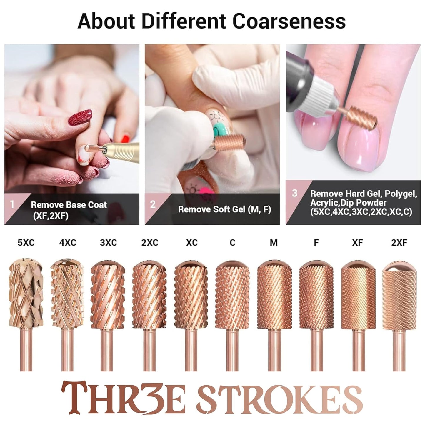 GV74 THR3E STROKES Nail Drill Bits, 3/32'' Smooth Round Top Large Barrel Carbide Bits, Suitable for Manicure Pedicure Cuticle Gel Polishing, Beginners Bits, Rose Gold, Series Bit (Double Coarse-2XC, ROSE GOLD)