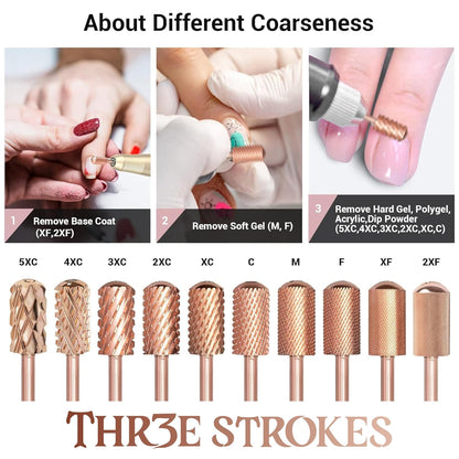 GV74 THR3E STROKES Nail Drill Bits, 3/32'' Smooth Round Top Large Barrel Carbide Bits, Suitable for Manicure Pedicure Cuticle Gel Polishing, Beginners Bits, Rose Gold, Series Bit (Double Coarse-2XC, ROSE GOLD)