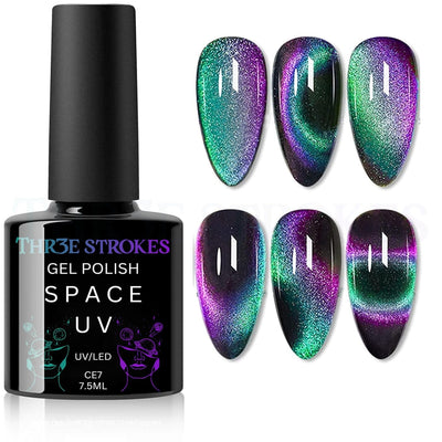 GV141 THR3E STROKES 9D Glitter Cat Eye Gel Magnetic Nail Polish Gel Art Manicure DIY at Home Soak Off UV Gel 7.5ML (CE7, 7.5ML)