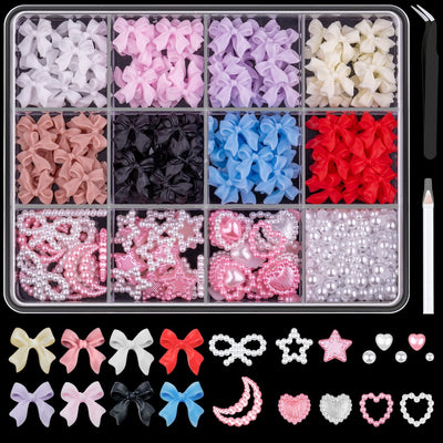 GV65 THR3E STROKES 600 Pcs 3D Nail Charms and Flatback Pearls Set 1, 8 Colors Nail Bows Charm + Pink&White Star Heart Moon Cute Nail Jewels + 2-4mm White Nail Pearls for Nail Art DIY Decoration with Pickup Tools