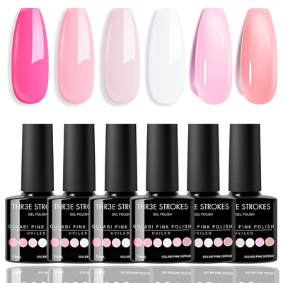 GV9 THR3E STROKES Gel Nail Polish Set- 6 Colors Nude Gel Polish All Seasons Skin Tones Pink Neutral Brown Gel Polish Kit (Uv/Led Lamp Required) Shades Need At Least 3 Layers, Shine Finish, 7.5 Milliliters (GULABI PINK GP233, 15ml)