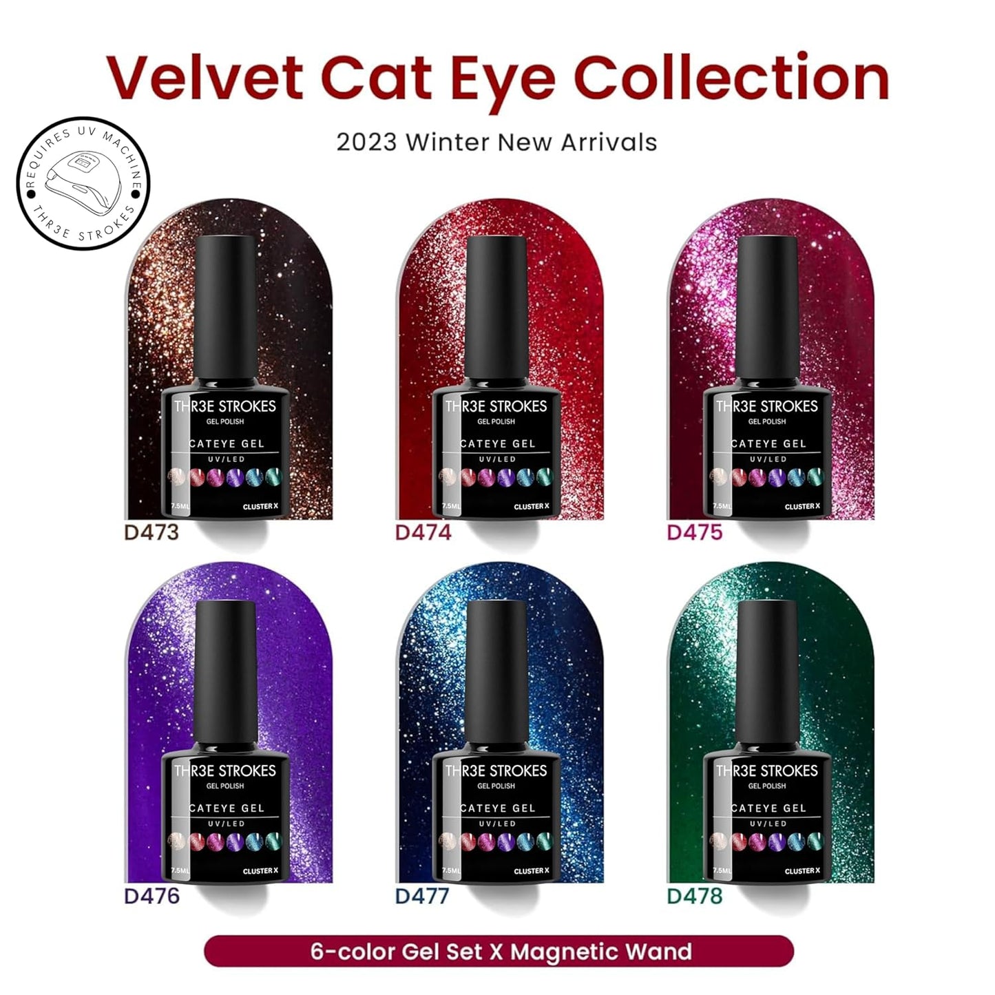 GV38 THR3E STROKES Cat Eye Gel Nail Polish Set 6 Colors, Glitter Red Shiny Brown Burgundy Purple Blue Green Magnetic Effect Sparkle Stunning Nail Gel Polish Gifts for Women, 2024 Limited Colors CLUSTER X