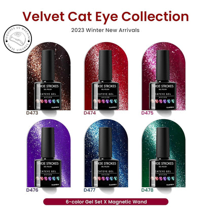 GV38 THR3E STROKES Cat Eye Gel Nail Polish Set 6 Colors, Glitter Red Shiny Brown Burgundy Purple Blue Green Magnetic Effect Sparkle Stunning Nail Gel Polish Gifts for Women, 2024 Limited Colors CLUSTER X