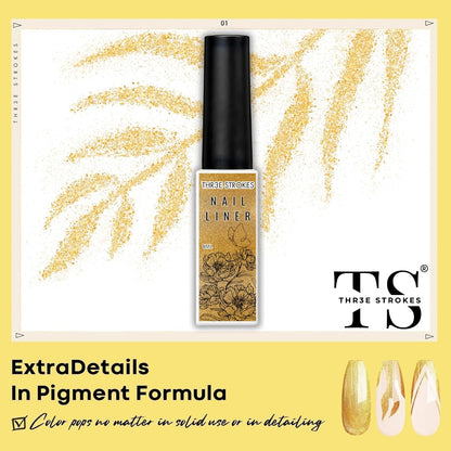 GV17 THR3E STROKES Gel Polish Nail Art Gel Liner Nail Polish Set, Golden Reflective Glitter Gel Polish, Gel Art Paint for Swirl Shiny Nails Nail Art Brush (Gold Glitter)