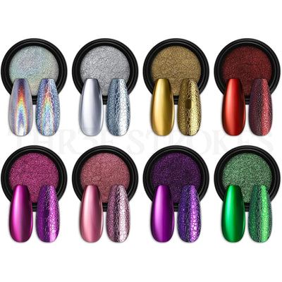 GV57 THR3E STROKES Chrome Nail Powder Metallic Mirror Glitter Effect Pigment Iridescent Aurora Mermaid Pearl Dust Kit for Gel Polish Nail Art Decoration, Resin Craft Arylic Powder (8) (Each 0.5gm)