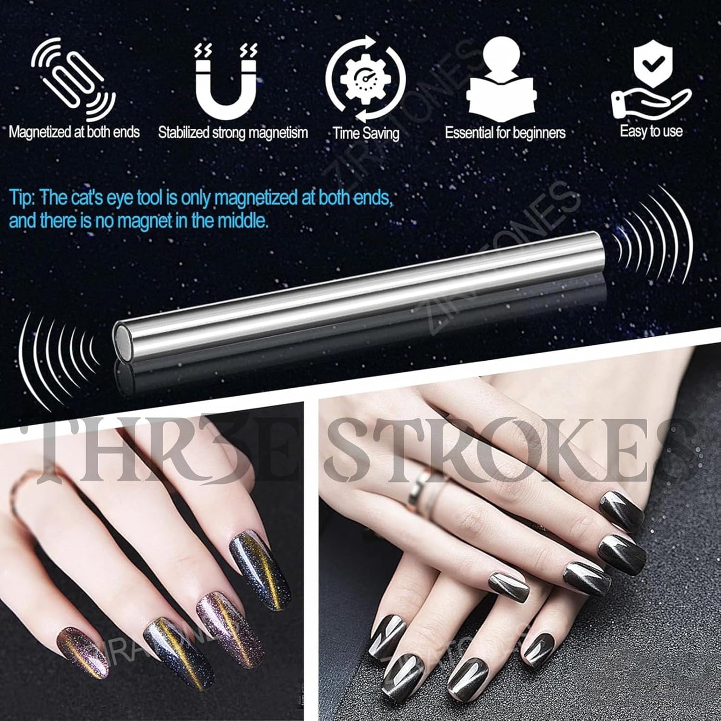 GV48 THR3E STROKES Cat Eye Magnet for Nails, 5.9inch Super Long Double-head Nail Polish Magnet Pens Magnet Stick 3D Magnetic Cat Eye Gel Polish Nail Art Tool, for Home DIY, Salon, Studio