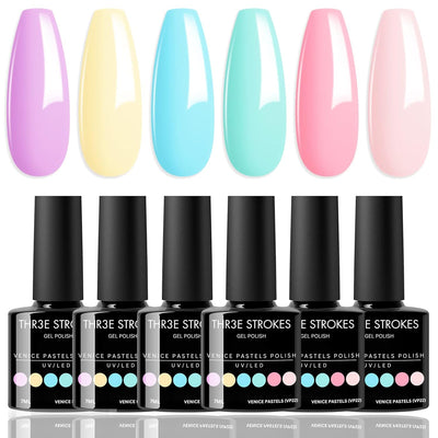 GV7 THR3E STROKES Gel Nail Polish Set- 6 Colors Pastel Gel Polish All Seasons Skin Tones Pink Neutral Brown Gel Polish Kit (Uv/Led Lamp Required) Shades Need At Least 3 Layers, Shine Finish, 7.5 Milliliters (VENICE PASTEL VP22, 15ml)
