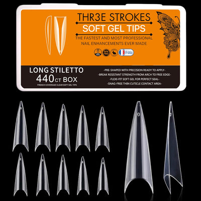GV30 THR3E STROKES Soft Gel Nail Tips, Full Cover Clear Soft Nail Tips for Artificial False Nails Extension Nail Salons DIY Nail Art with Box, 440PCS (LONG STILETTO N2)