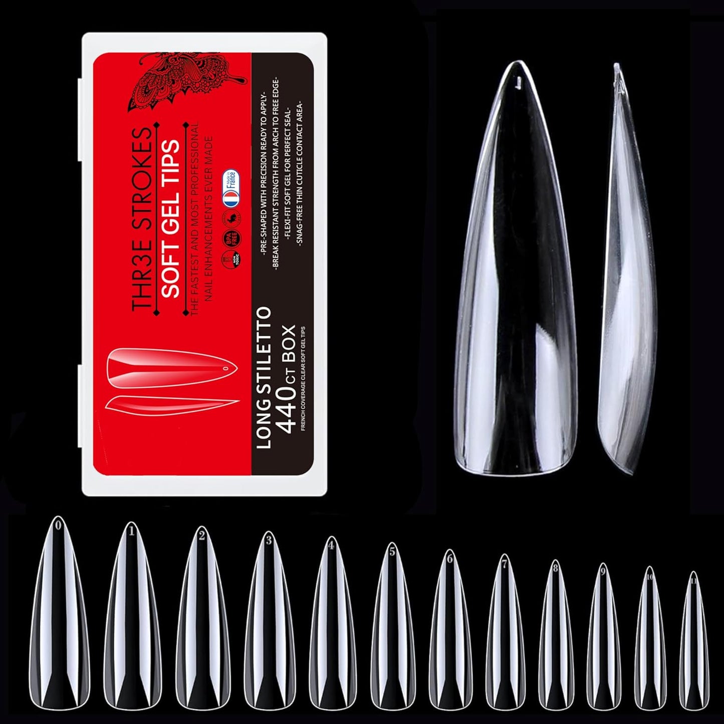 GV27 THR3E STROKES Soft Gel Nail Tips, Full Cover Clear Soft Nail Tips for Artificial False Nails Extension Nail Salons DIY Nail Art with Box, 440PCS (LONG STILETTO N11)