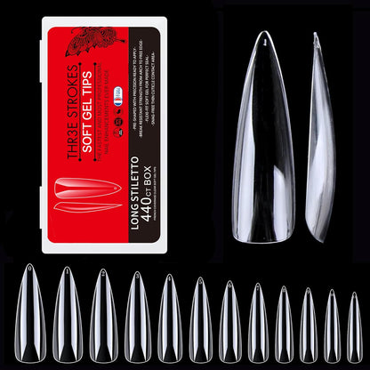 GV27 THR3E STROKES Soft Gel Nail Tips, Full Cover Clear Soft Nail Tips for Artificial False Nails Extension Nail Salons DIY Nail Art with Box, 440PCS (LONG STILETTO N11)