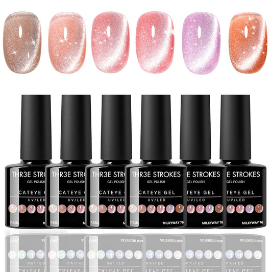 GV39 THR3E STROKES Cat Eye Gel Nail Polish Set, 6 Colors Magnetic Gel Nail Polish Kit with Magnet Stick, Soak Off UV LED Gel Polish with Starry Sky Effect, Cat eye Nail Polish for Home DIY Manicure Nail Salon MILKYWAY 76