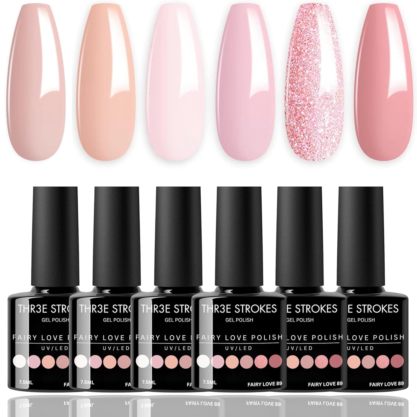 GV8 THR3E STROKES Gel Nail Polish Set- 6 Colors Nude Gel Polish All Seasons Skin Tones Pink Neutral Brown Gel Polish Kit (Uv/Led Lamp Required) Shades Need At Least 3 Layers, Shine Finish, 7.5 Milliliters (FAIRY LOVE 89, 15ml)
