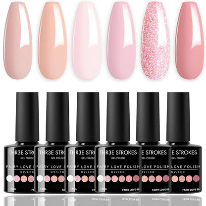 GV8 THR3E STROKES Gel Nail Polish Set- 6 Colors Nude Gel Polish All Seasons Skin Tones Pink Neutral Brown Gel Polish Kit (Uv/Led Lamp Required) Shades Need At Least 3 Layers, Shine Finish, 7.5 Milliliters (FAIRY LOVE 89, 15ml)