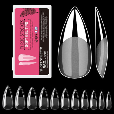 GV26 THR3E STROKES Soft Gel Nail Tips, Full Cover Clear Soft Nail Tips for Artificial False Nails Extension Nail Salons DIY Nail Art with Box, 550PCS (SHORT STILETTO N13)