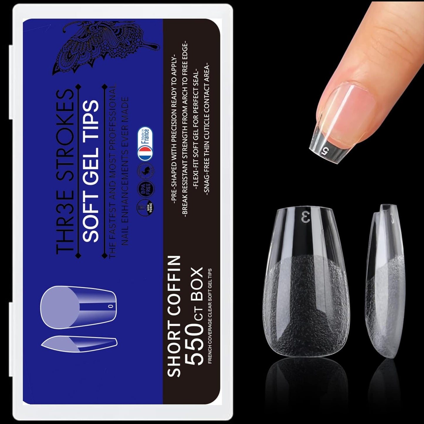 GV24 THR3E STROKES Soft Gel Nail Tips, Full Cover Clear Soft Nail Tips for Artificial False Nails Extension Nail Salons DIY Nail Art with Box, 550PCS (SHORT COFFIN N22)