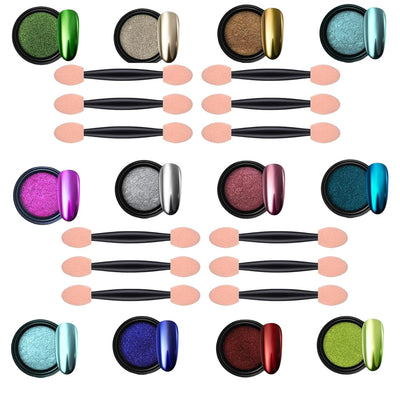 GV56 THR3E STROKES Chrome Nail Powder Metallic Mirror Glitter Effect Pigment Iridescent Aurora Mermaid Pearl Dust Kit for Gel Polish Nail Art Decoration, Resin Craft Arylic Powder (12) (Each 0.5gm)