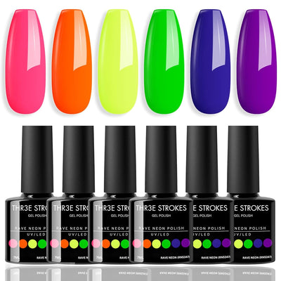 GV13 THR3E STROKES Gel Nail Polish Set- 6 Colors Nude Gel Polish All Seasons Skin Tones Pink Neutral Brown Gel Polish Kit (Uv/Led Lamp Required) Shades Need At Least 3 Layers, Shine Finish, 7.5 Milliliters (RAVE NEON RN5347, 15ml)