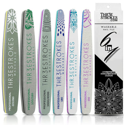 GV534 THR3E STROKES 6 pcs Nail Files Set for Manicure, Nail Buffer Files Block Coarse Washable Nail Polisher Double Sided Nail Shaper Emery Boards for Acrylic & Natural Nails 100/150/180/220/240/280/1000/4000 Grid