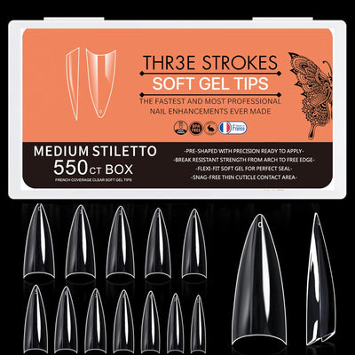 GV33 THR3E STROKES Soft Gel Nail Tips, Full Cover Clear Soft Nail Tips for Artificial False Nails Extension Nail Salons DIY Nail Art with Box, 550PCS (MEDIUM STILETTO N17)