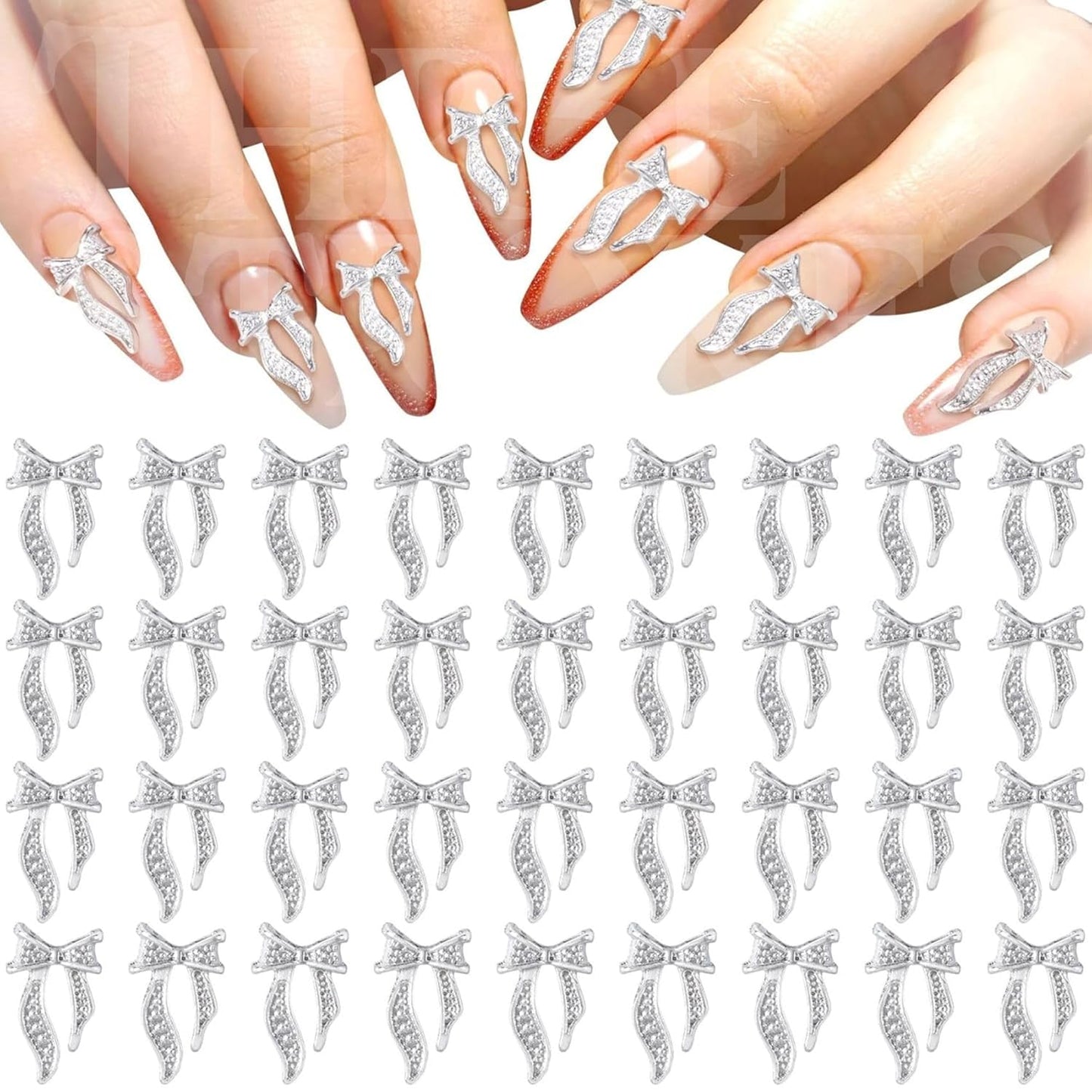 GV151 THR3E STROKES 90 Pcs Silver Bow Nail Charm 3D Alloy Glitter Bows for Nails Long Ribbon Bowknots Cute Halloween Christmas Beach Wedding Prom Engagement Nail Art Decoration for Women Girls Bride (D62)