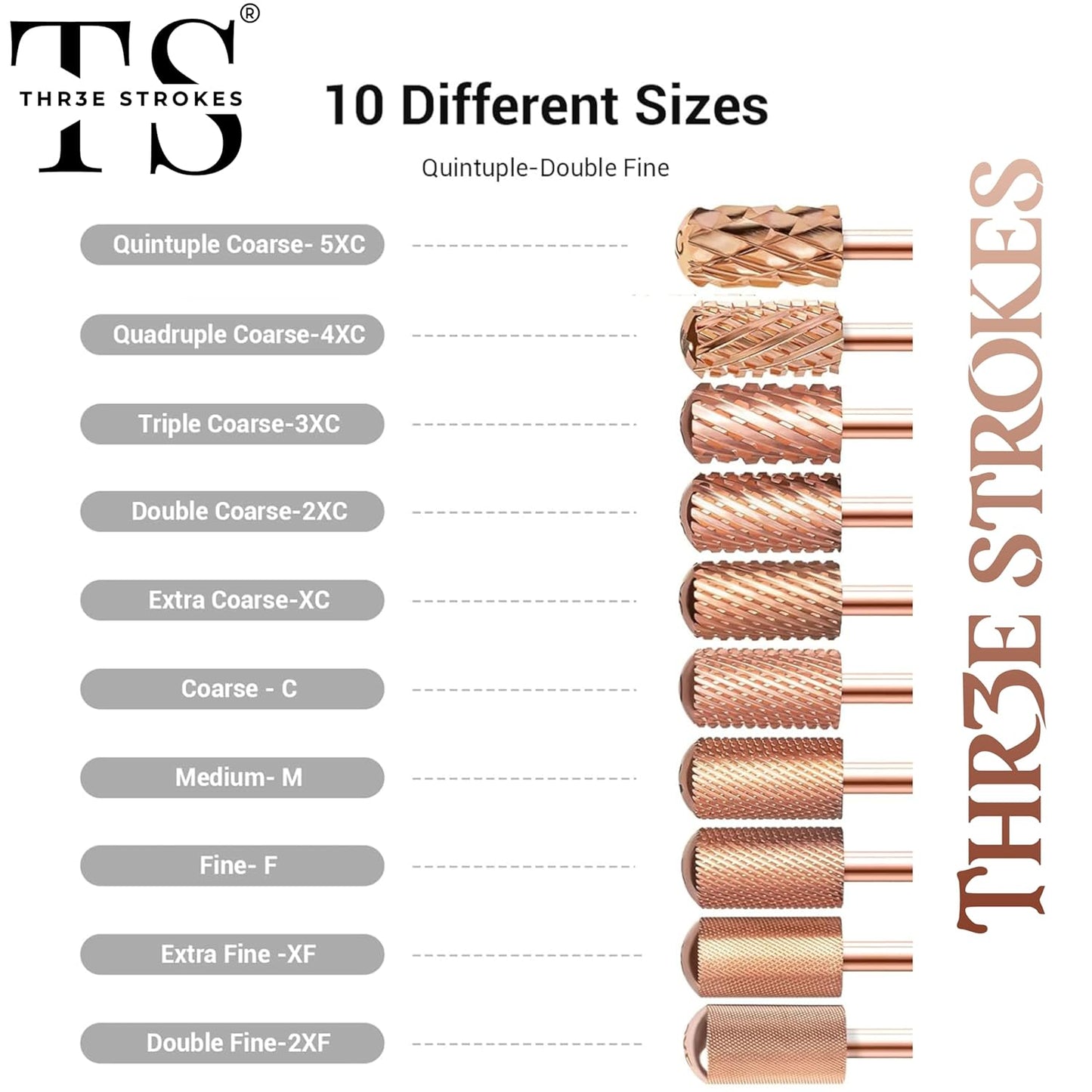 GV74 THR3E STROKES Nail Drill Bits, 3/32'' Smooth Round Top Large Barrel Carbide Bits, Suitable for Manicure Pedicure Cuticle Gel Polishing, Beginners Bits, Rose Gold, Series Bit (Double Coarse-2XC, ROSE GOLD)