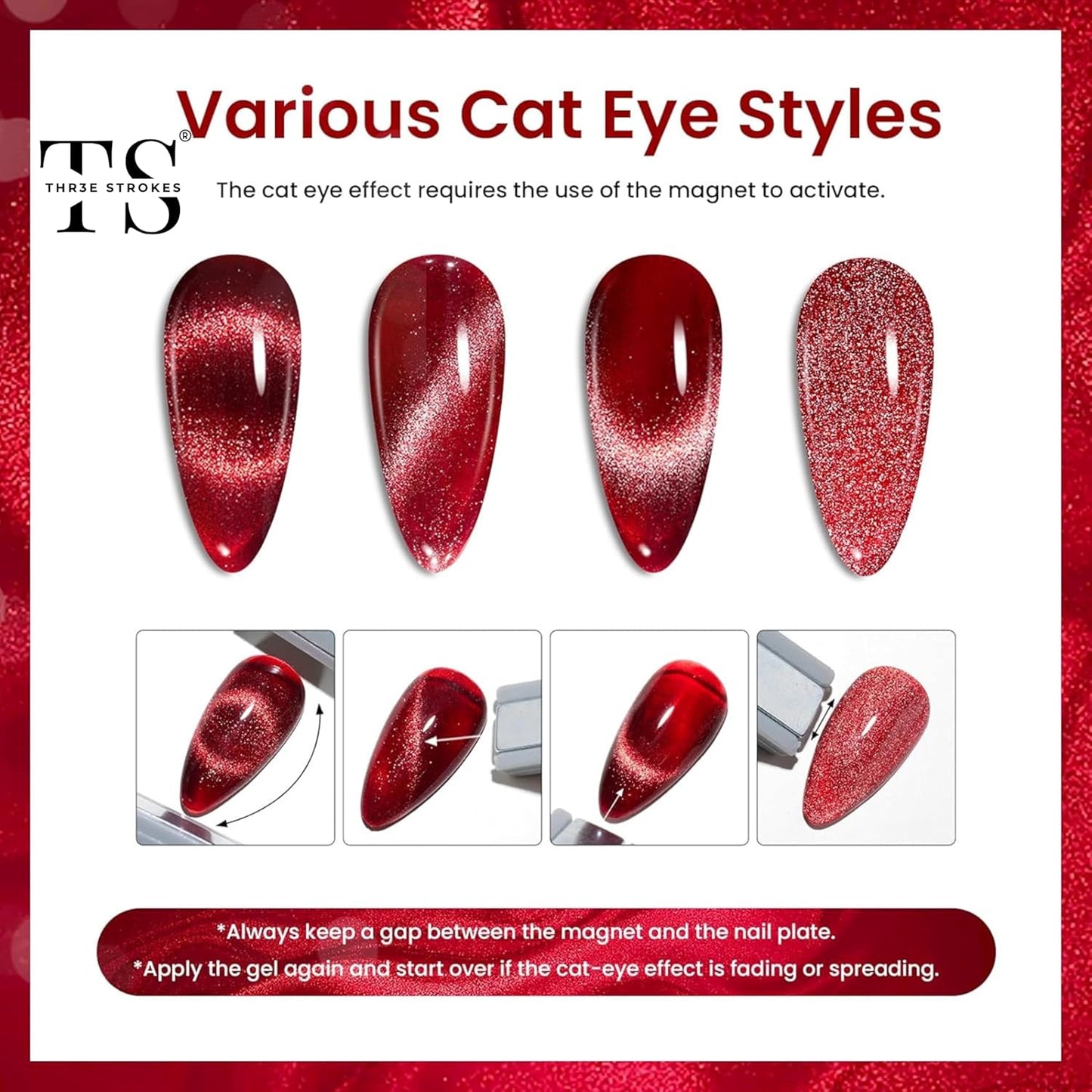 GV38 THR3E STROKES Cat Eye Gel Nail Polish Set 6 Colors, Glitter Red Shiny Brown Burgundy Purple Blue Green Magnetic Effect Sparkle Stunning Nail Gel Polish Gifts for Women, 2024 Limited Colors CLUSTER X
