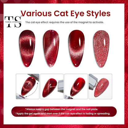GV38 THR3E STROKES Cat Eye Gel Nail Polish Set 6 Colors, Glitter Red Shiny Brown Burgundy Purple Blue Green Magnetic Effect Sparkle Stunning Nail Gel Polish Gifts for Women, 2024 Limited Colors CLUSTER X