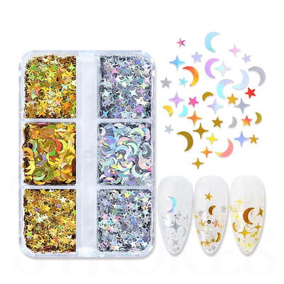 GV160 THR3E STROKES 6 Grids Nail Glitter - Star Moon Sun Nail Art Glitters, Holographic Star Nail Sequins, Mixed Size Colour Nail Glitter Sequins, 3D Gold Silver Moon Sun Glitters, Spring/Summer Nail Art Decor (D51)