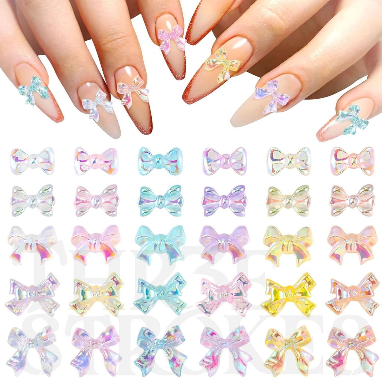 GV153 thr3e strokes 250 Pcs Aurora Bow Nail Charm 3D Bows Colorful Glitter Bowknot Acrylic Nail Bows Cute Resin Pearl Rhinestones Halloween Christmas Wedding Prom Accessories for Phone Case Invitation Making (D57)