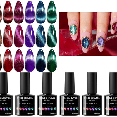 GV148 THR3E STROKES Cat Eye Gel Nail Polish Set 6 Colors, Glitter Red Shiny Brown Burgundy Purple Blue Green Magnetic Effect Sparkle Stunning Nail Gel Polish Gifts for Women, 2024 Limited Colors 7.5ML(CLUSTER X)